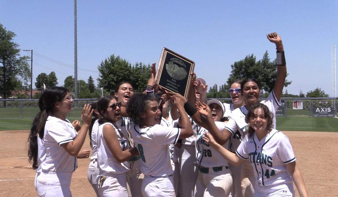 Orange Cove celebrates a Central Section Division IV title after a 4-0 victory over Mission Prep at Margie Wright Diamond in Fresno, California on Saturday, May 27, 2023.
