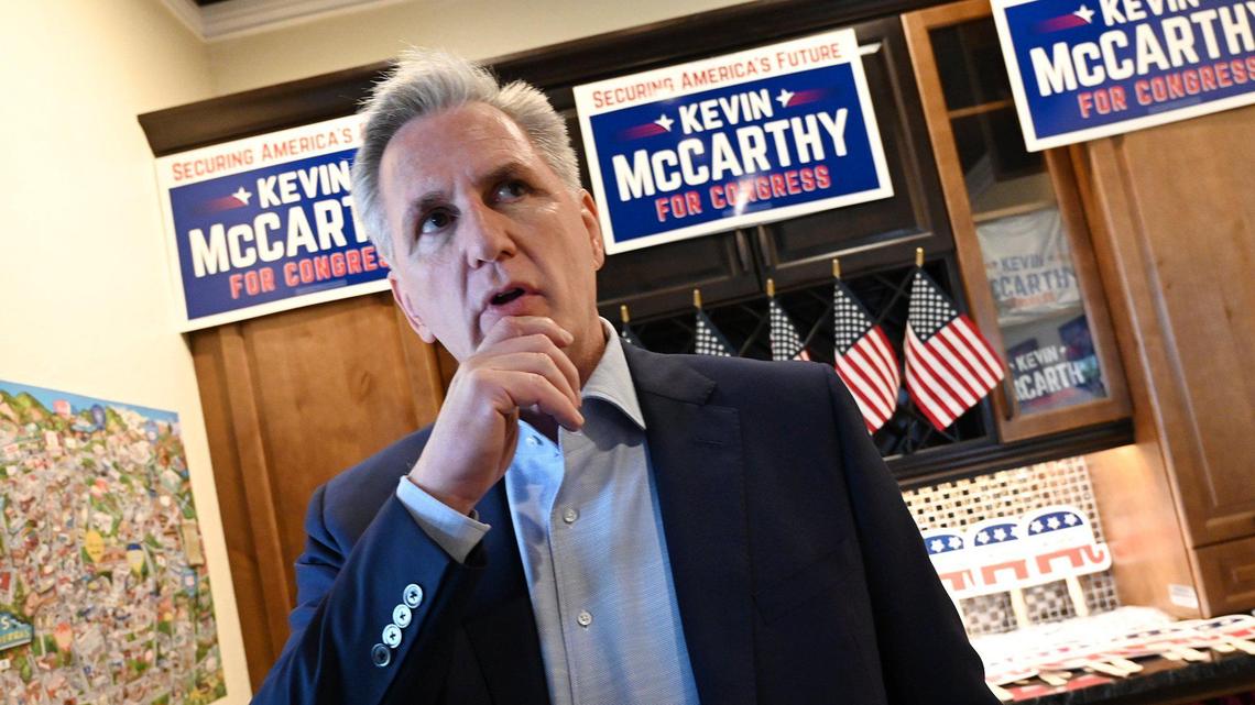 Congressman Kevin McCarthy (R) answers questions from the media as he attends the grand opening of his new headquarters Saturday, March 19, 2022 in Clovis.