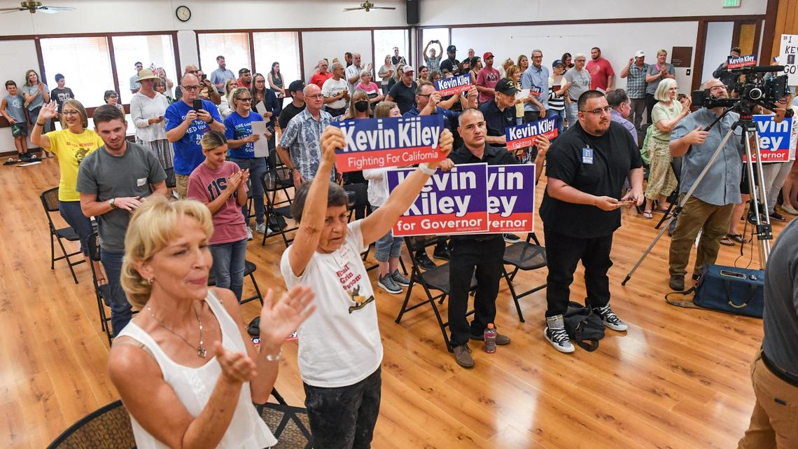 Supporters cheer on California Assemblyman Kevin Kiley, a Republican gubernatorial candidate, during a rally at the Clovis Senior Activities Center on Saturday, Aug. 7, 2021. Kiley outlined his water plan, pushed for a full reopening of California businesses and schools, and pushed for the recall of Governor Gavin Newsom in a special election on Sept. 14.