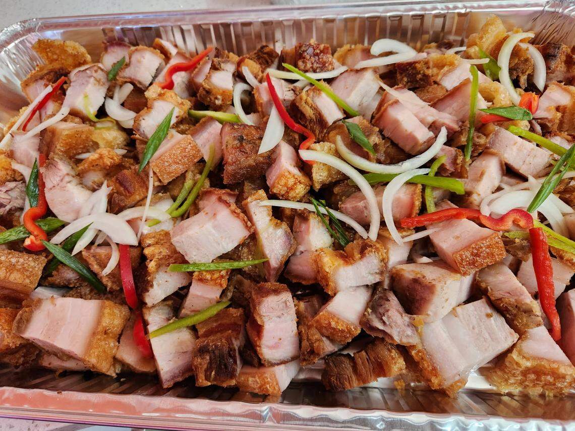 The Philippine Kitchen, a newer Filipino restaurant in Fresno located at the corner of First and Herndon Avenues, serves authentic Filipino dishes. Among them is lechon kawali, which is a crispy deep fried pork belly dish.
