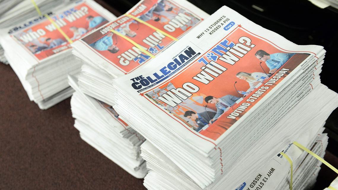 Issues of the Fresno State Collegian newspaper are stacked up on the floor of the newsroom of the media organization on Tuesday, March 21, 2018.