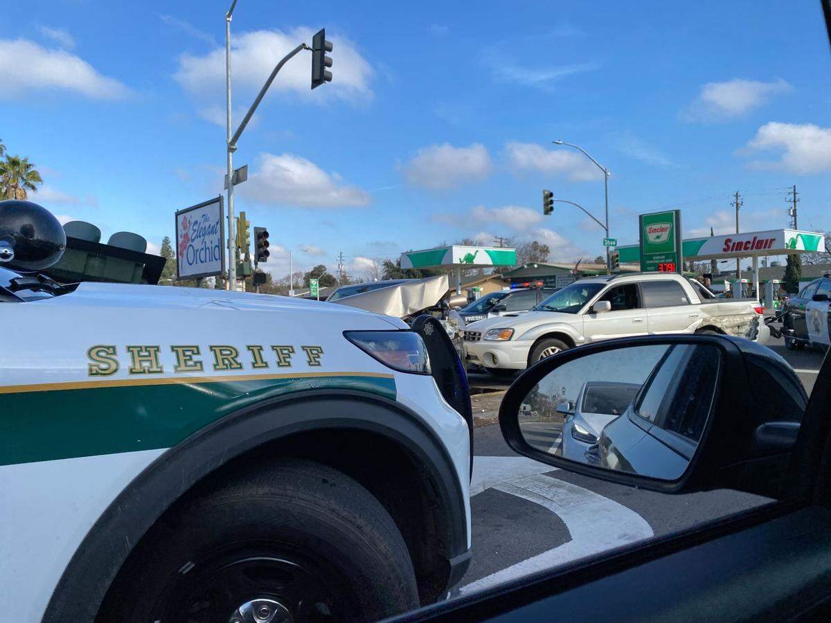 Two vehicles were involved in a collision at Shaw and Maroa avenues in Fresno, California, on Friday, Jan. 20, 2023.
