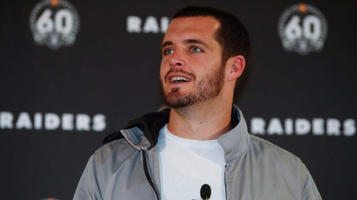 Oakland Raiders quarterback Derek Carr speaks after an NFL football game against the Denver Broncos Sunday, Dec. 29, 2019, in Denver.