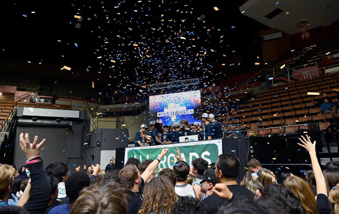 Clovis North and fans celebrate the team’s 69-60 win over St. Joseph in the Central Section Division I basketball championship Saturday, Feb. 24, 2024 at Selland Arena in Fresno.