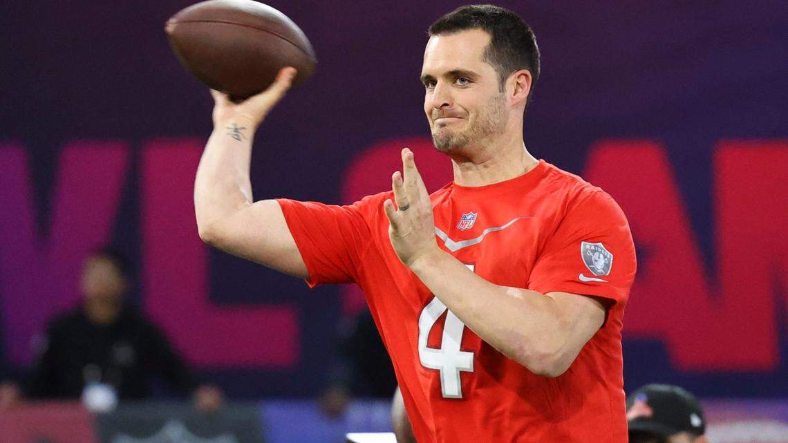 AFC quarterback Derek Carr of the Las Vegas Raiders competes in the Precision Passing event during the Pro Bowl Games skills events Thursday, Feb. 2, 2023, in Henderson, Nevada.