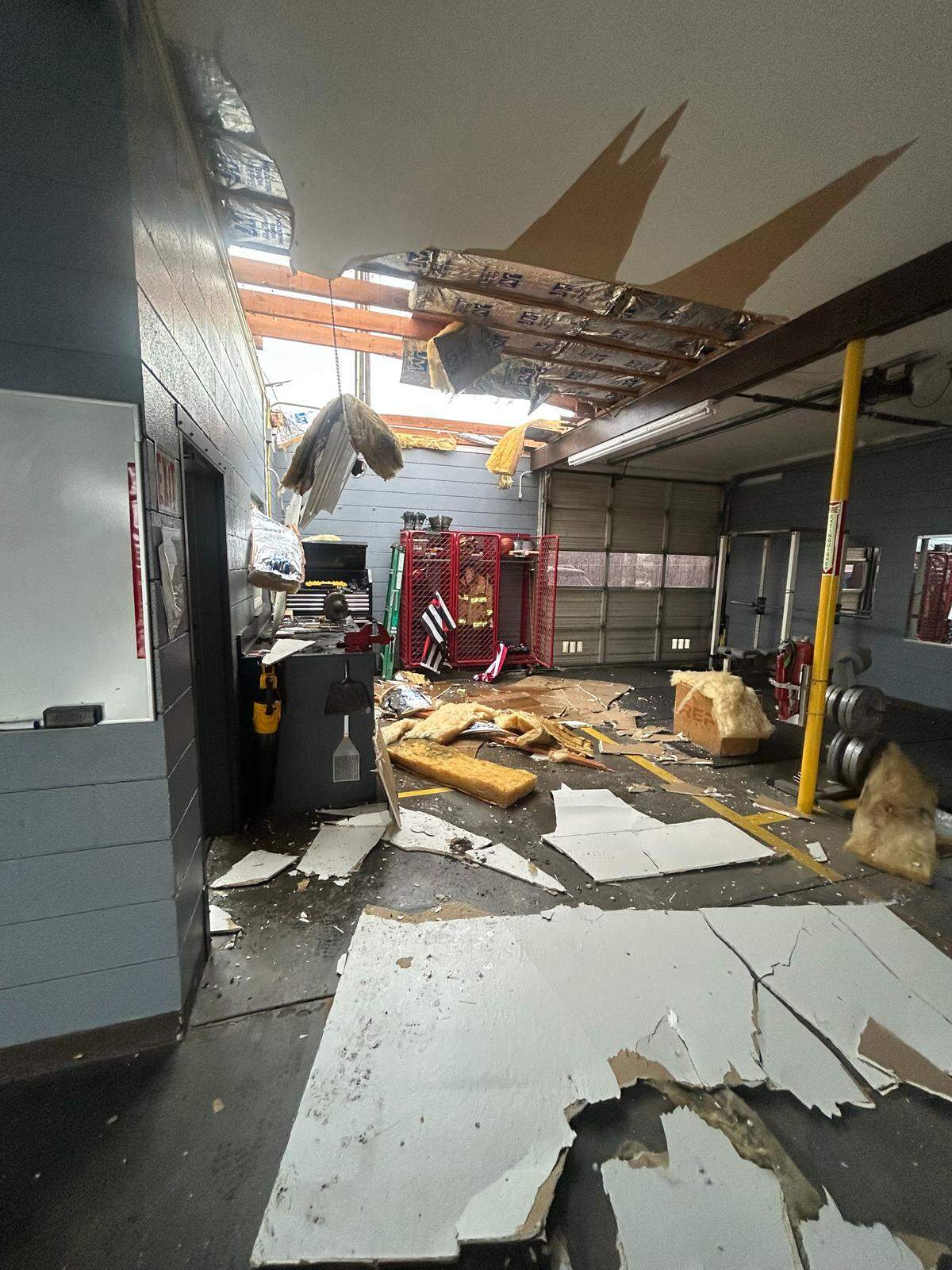 Damage inside a fire station after a reported funnel in Tranquillity on Monday, Feb. 16, 2026.