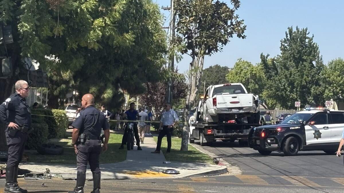 Truck owned by Fresno homeless shelter strikes power pole while avoiding car