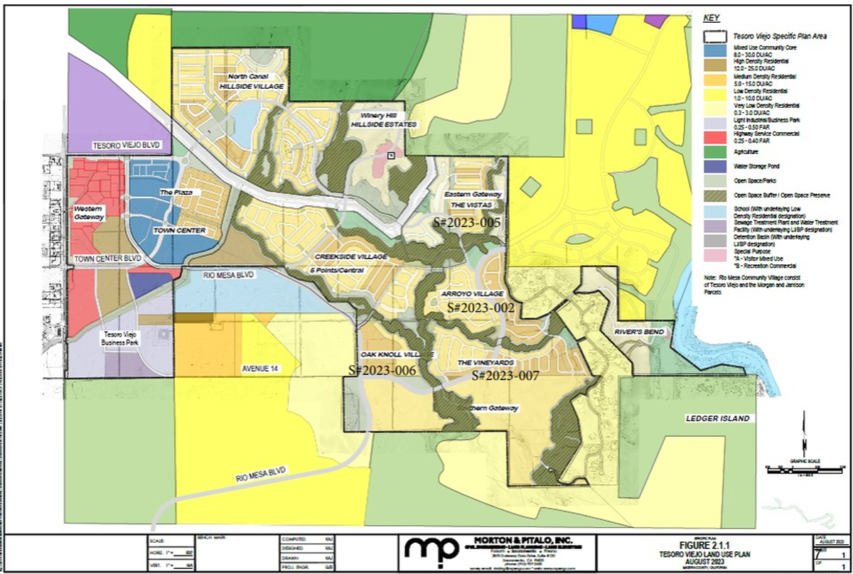 A map provided to the Madera County Planning Commission shows the tentative subdivision maps for the Arroyo Village, The Vistas, Oak Knoll Village and The Vineyards neighborhoods to be constructed in the eastern half of Tesoro Viejo.