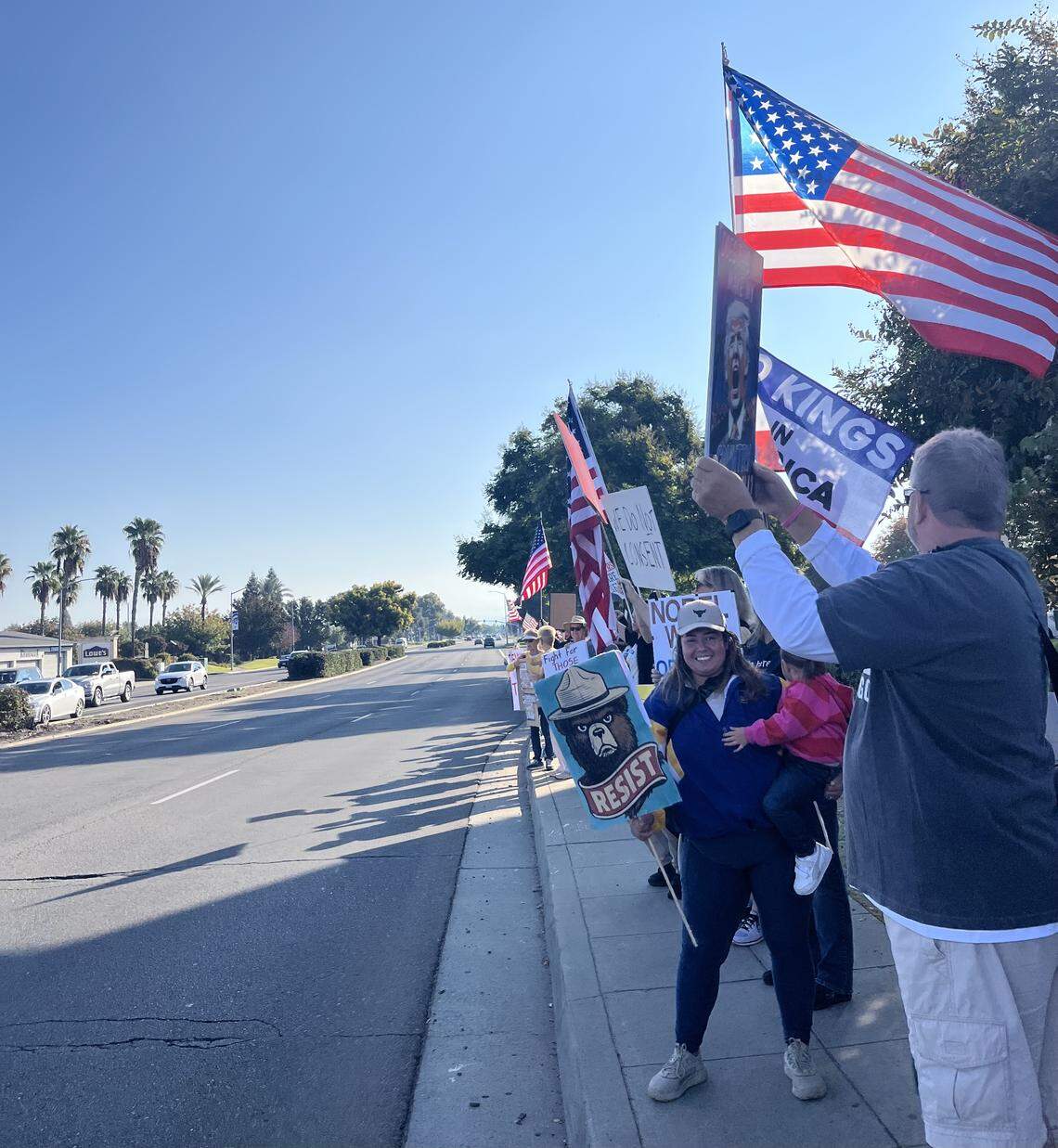 Hundreds gather in Clovis for “No Kings Day” protest on the morning of Oct. 18.