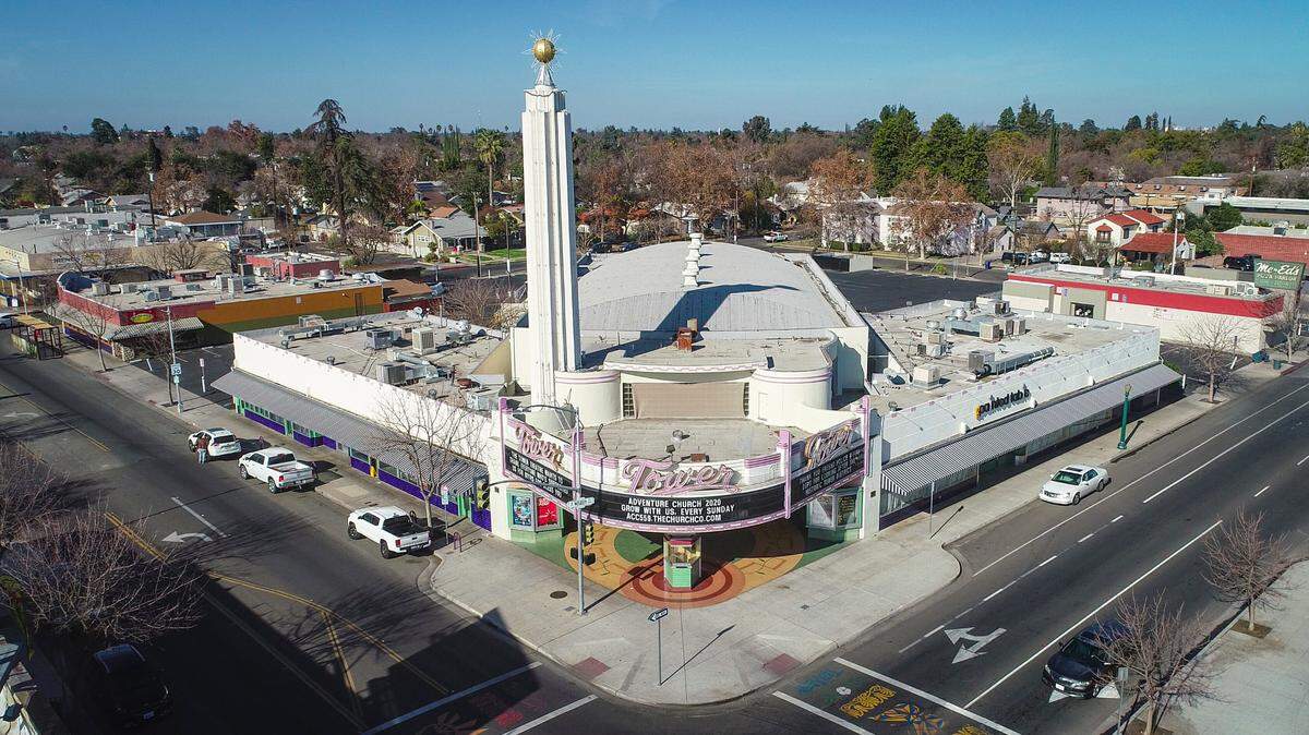 The Tower Theatre, the anchor to Fresno’s Tower District, as seen in a drone image at the intersection of Olive and Wishon avenues.