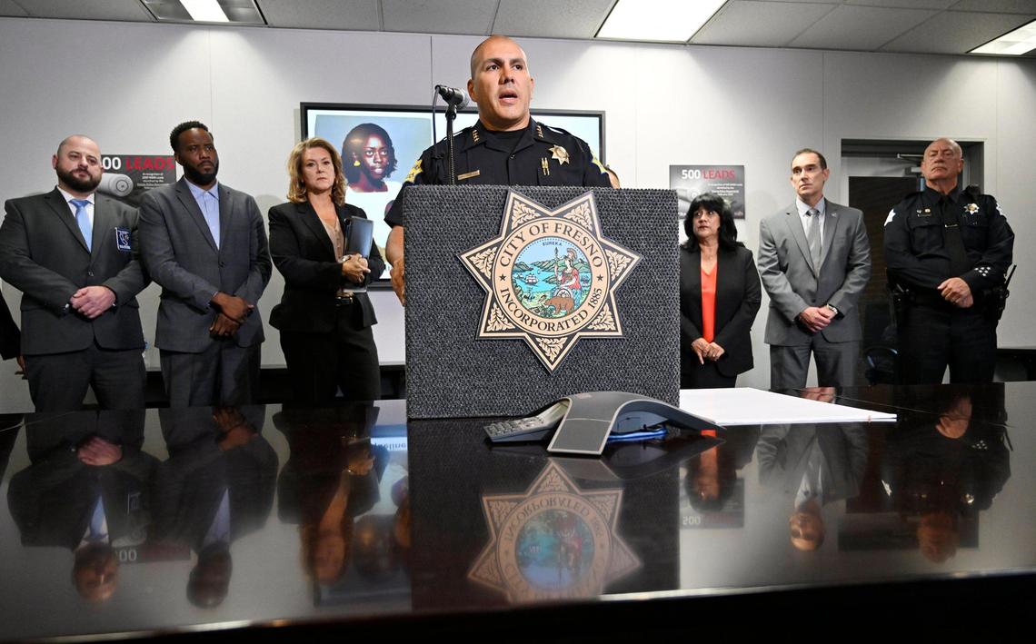 Fresno Chief of Police Paco Balderrama, center, announces the arrest of a suspect after modern DNA methods led to the arrest in the 1987 cold case murder of Jacqueline Henry, during a press conference Tuesday, July 25, 2023 in Fresno.