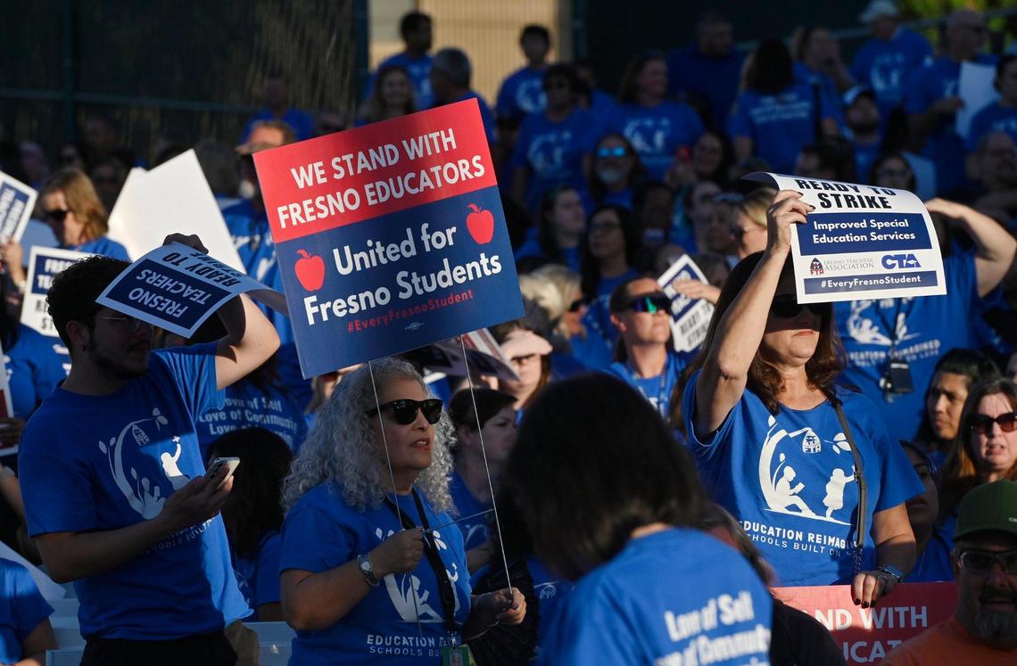 Over 3,000 members of Fresno Teachers Association gather to vote for strike authorization at the Paul Paul Theater Wednesday evening, Oct. 18, 2023 in Fresno.