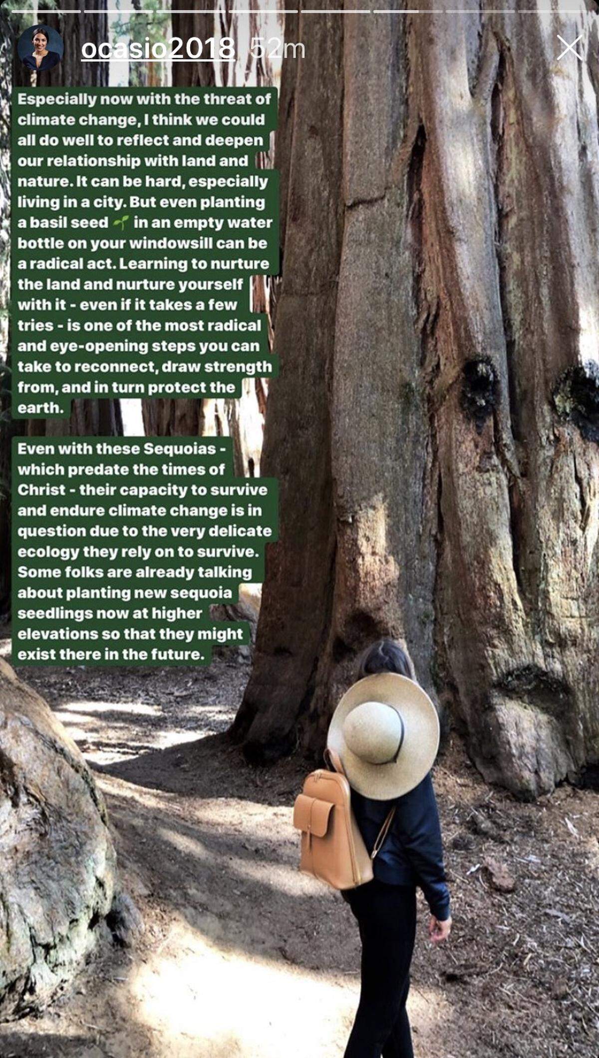 Rep. Alexandria Ocasio-Cortez, a Democrat from New York, posted videos and photos to her Instagram stories Thursday showing a visit one hour outside Fresno in Kings Canyon National Park. Her captions discussed Sequoia trees and climate change.