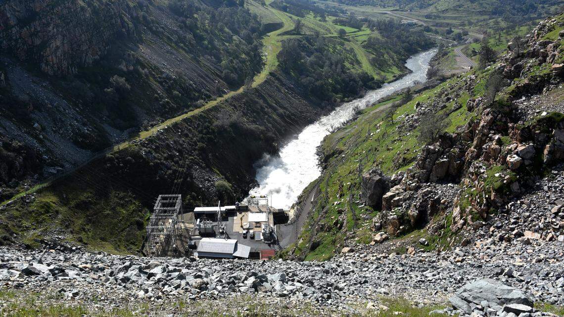 About 6,000 cubic feet per second is released from Lake McClure through the New Exchequer Dam hydroelectric facility on Monday, Feb. 13, 2017.