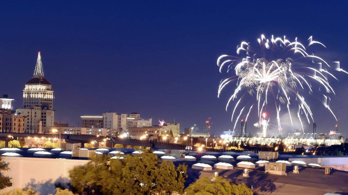 Fireworks explode over Chukchansi Park following the Fresno Grizzlies baseball game to celebrate the Fourth of July in 2016 in downtown Fresno.