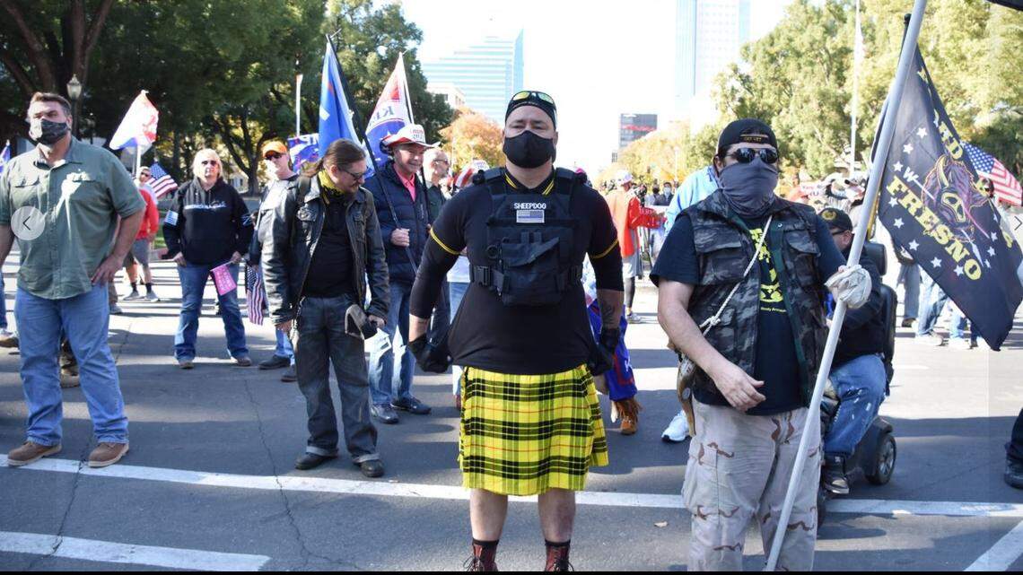 A photo posted to Facebook shows a man identified as Fresno Police Officer Rick Fitzgerald dressed in Proud Boy gear at a “Stop the Steal” protest opposing the election results at the California Capitol on Nov. 21, 2020.