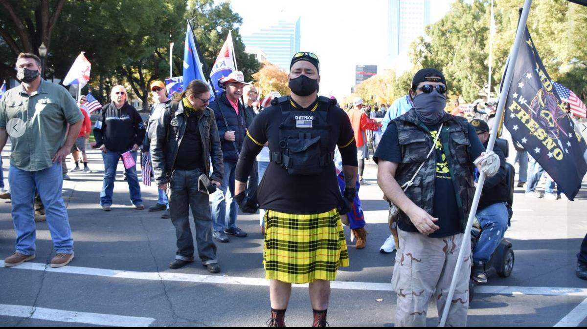 Former Fresno police Officer Rick Fitzgerald was fired two weeks ago after ties to a hate group were revealed. He appears here in Proud Boys gear at a “Stop the Steal” protest at the California Capitol in November 2020.