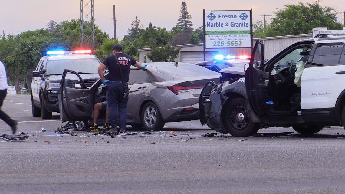 A police vehicle collided with another vehicle at Blackstone and Dakota avenues on Sunday, May 28, 2023.