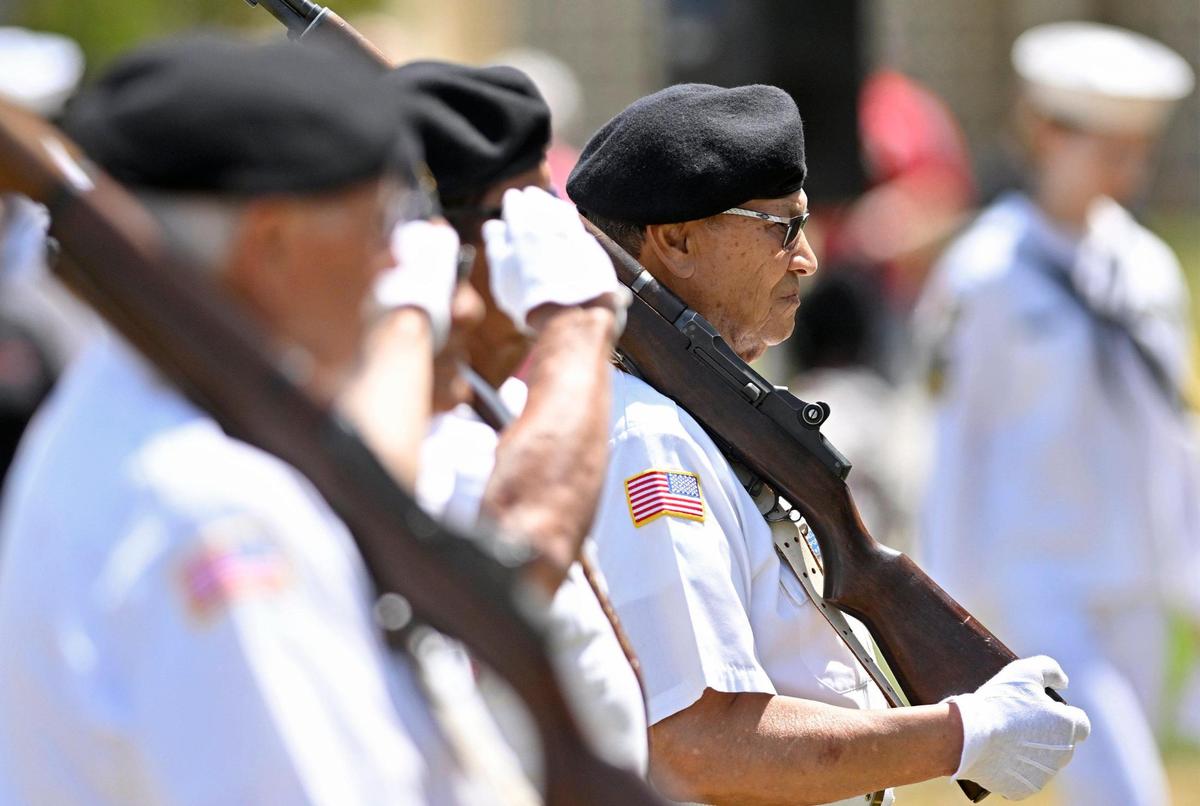 Members of the VFW Post 8470 Kerman color guard stand at the 60th VFW Memorial Day Service held at Fresno Memorial Gardens Monday, May 29, 2023 in Fresno.
