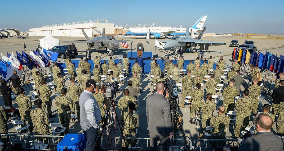 Vice President Mike Pence speaks before a group of airmen and women at Lemoore Naval Air Station on Saturday, Jan. 16, 2021.
