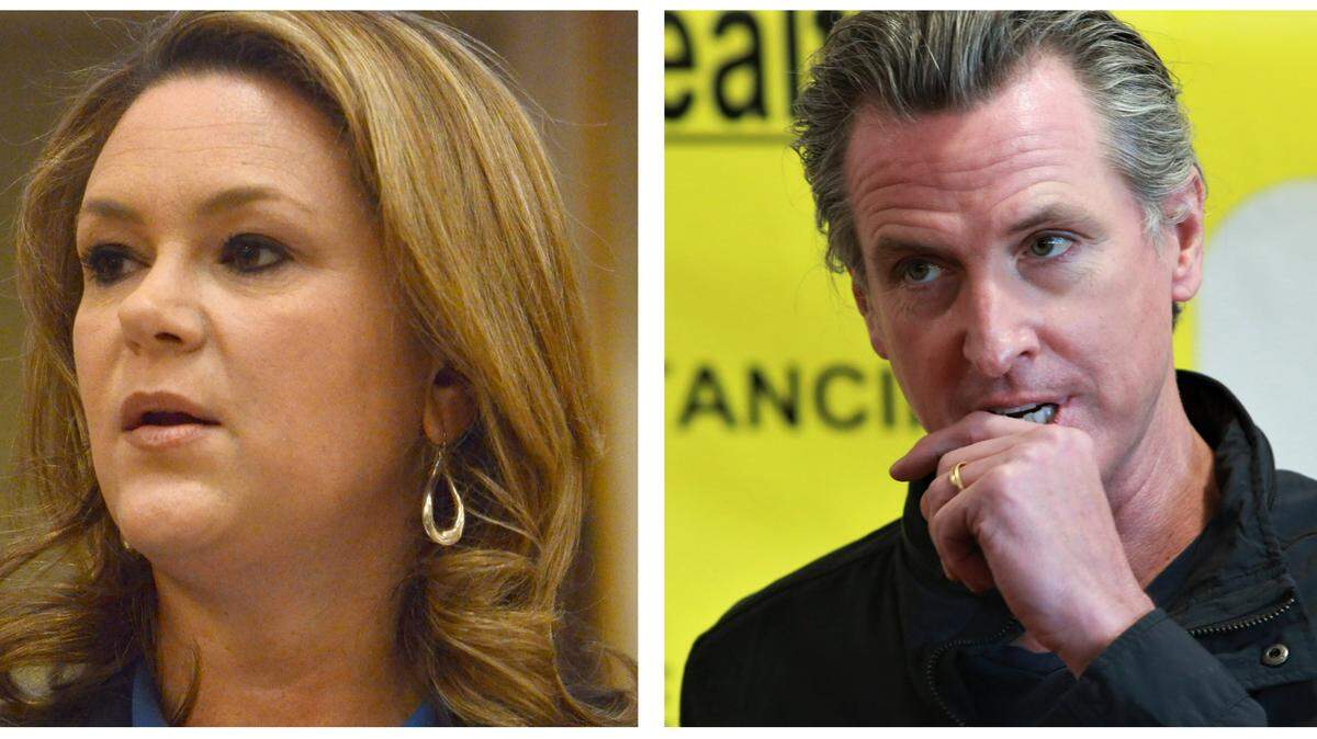 Fresno District Attorney Lisa Smittcamp, left, and California Gov. Gavin Newsom, right, are shown,