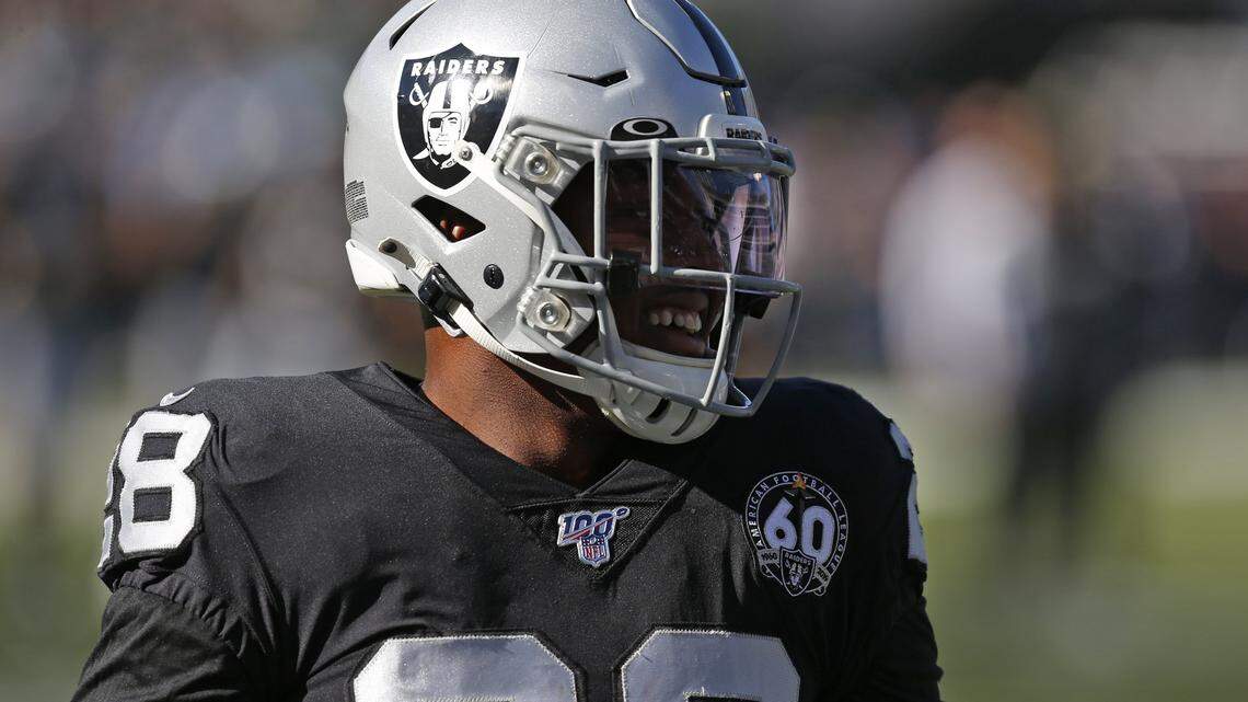 Oakland Raiders running back Josh Jacobs during the first half of an NFL football game in Oakland, Calif., Sunday, Nov. 17, 2019.