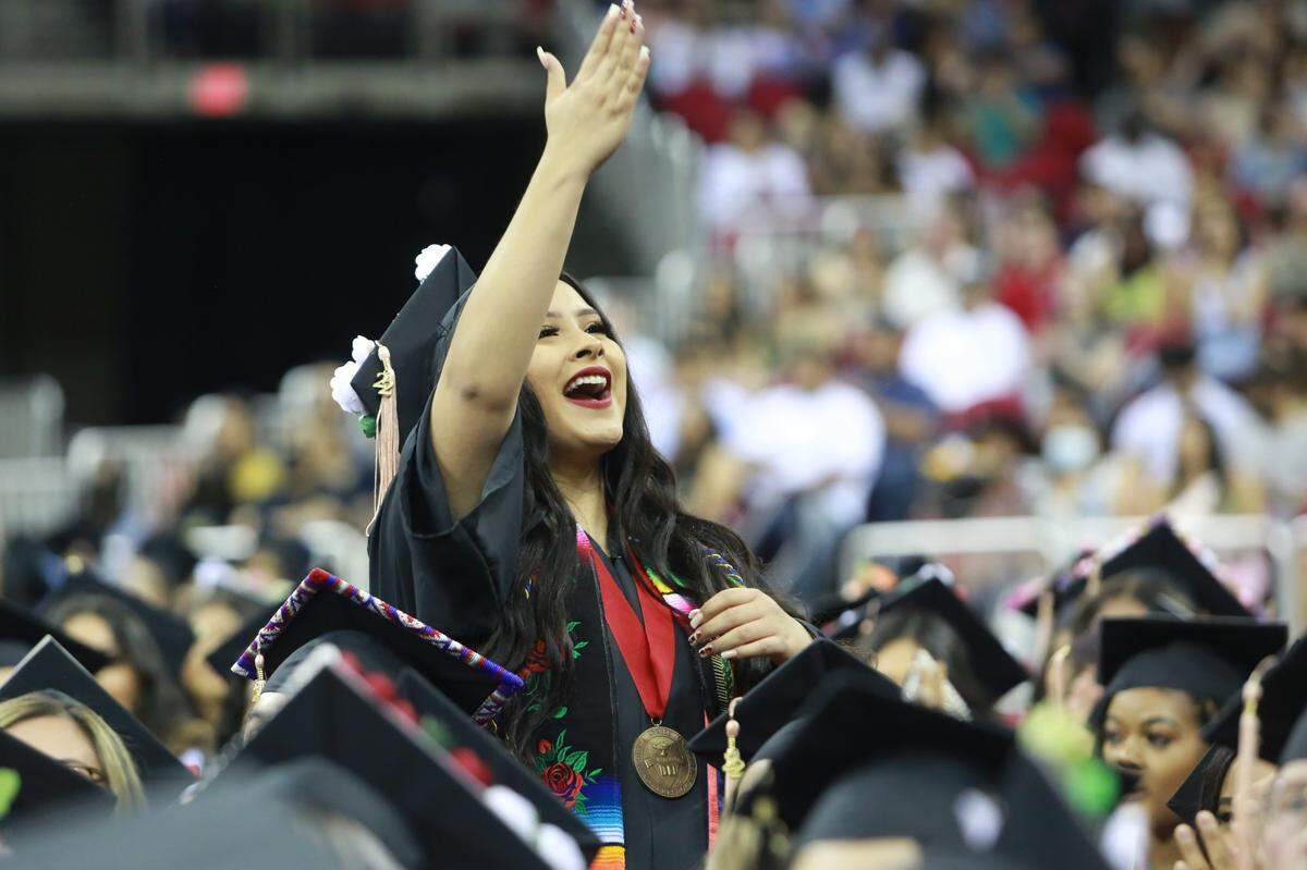 Fresno State’s Karina Ortega during the College of Health and Human graduation ceremony Saturday (May 21) morning at the Save Mart Center. Ortega was selected as the 2022 undergraduate dean’s medalist for the College of Health and Human . She earned her bachelor’s degree in social work with a 4.0 GPA.