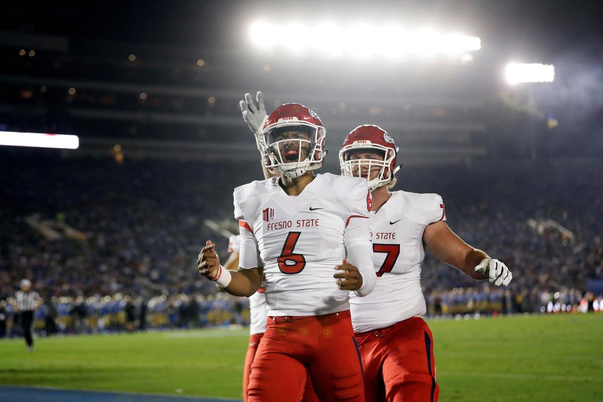 Fresno State quarterback Marcus McMaryion (6) celebrates after scoring one of four rushing touchdowns in a 38-14 victory over UCLA on Saturday, Sept. 15, 2018, at the Rose Bowl in Pasadena. Terry Tumey, the Bulldogs’ new athletics director, is focused on getting Pac-12 and Power Five opponents to come to Bulldog Stadium.