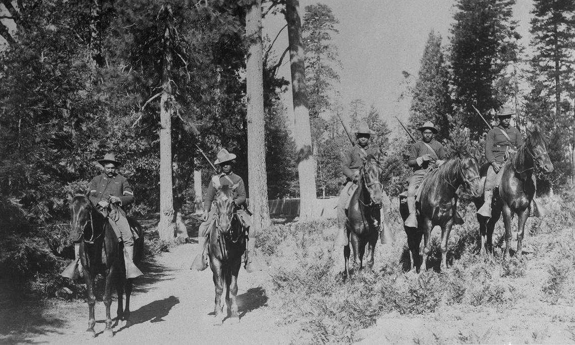 African American soldiers in 1899 from the 24th Infantry, often referred to as Buffalo soldiers. They were assigned to protect Yosemite prior to the creation of the National Park Service.