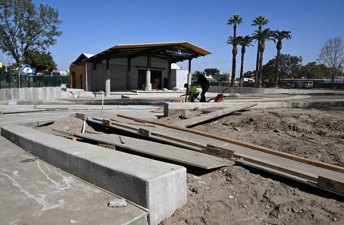 Concrete work is being completed at the new Adventist Health Amphitheater under construction in central Tulare. Photographed Friday, Oct. 18, 2024.