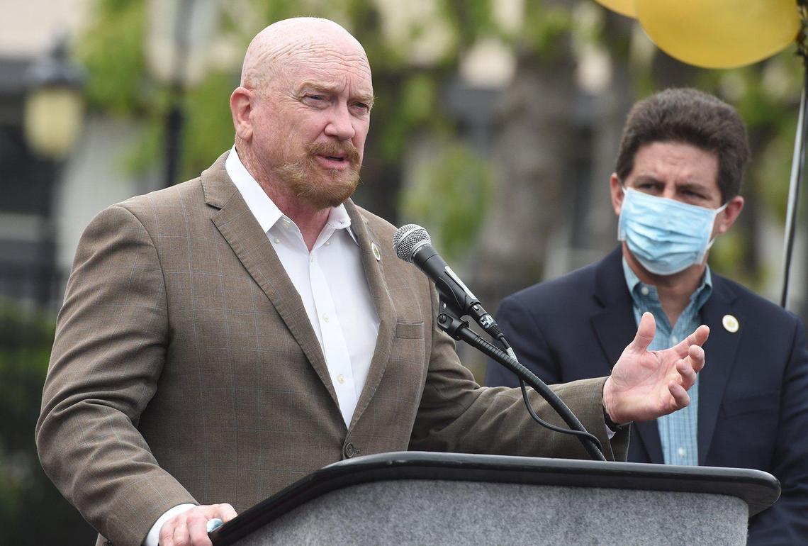 Fresno County Supervisor Steve Brandau speaks during the grand opening of the Crossroads Village, the former Smugglers Inn, March 19, 2021, as a newly renovated 165-unit housing project providing immediate, affordable housing for local individuals and families experiencing homelessness.
