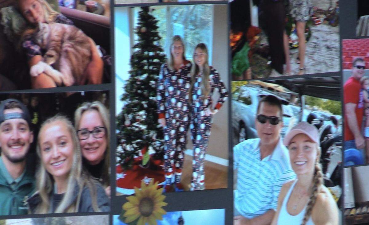 A collage is displayed at Veterans Memorial Stadium for former Buchanan High cross country and track and field standout Shelby Daniele who died this week.