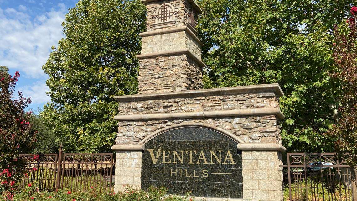 The front entrance sign to Ventana Hills, a gated community of million-plus-dollar houses located 10 miles north of Clovis and developed by Granville Homes.