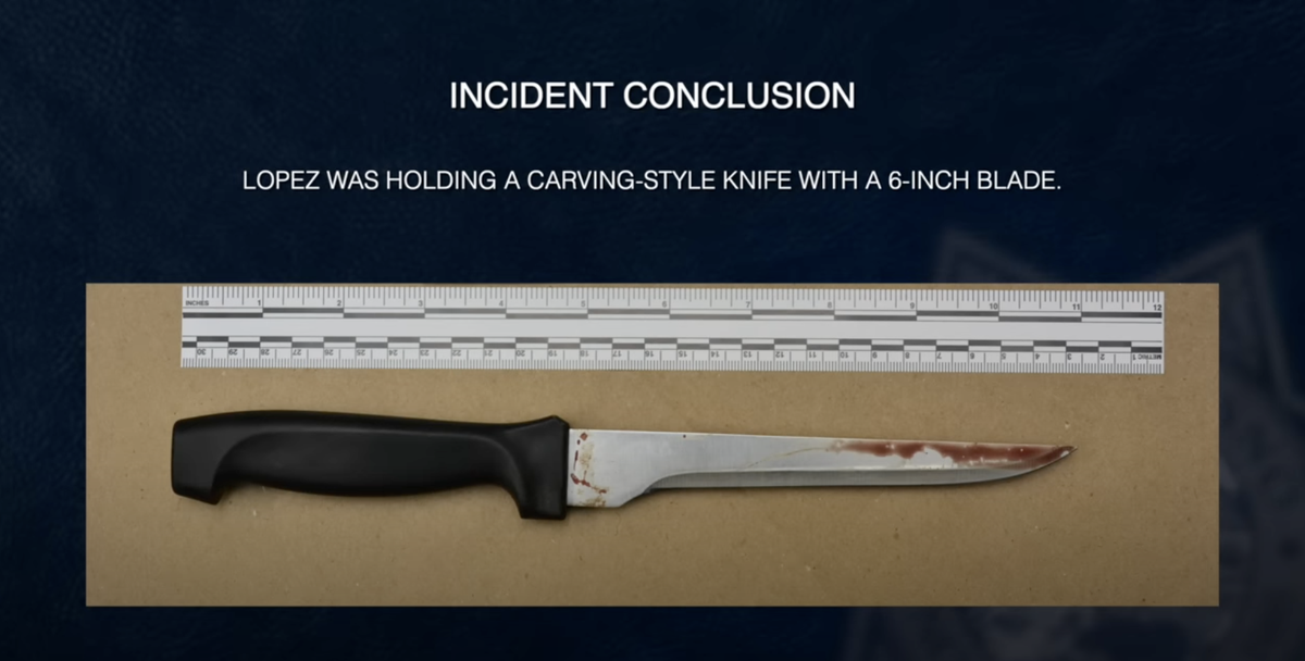 Fresno police said Joanna Lopez, 39, was holding this 6-inch carving knife in proximity to a 68-year-old woman’s body when an officer fatally shot the armed suspect on April 10, 2025.