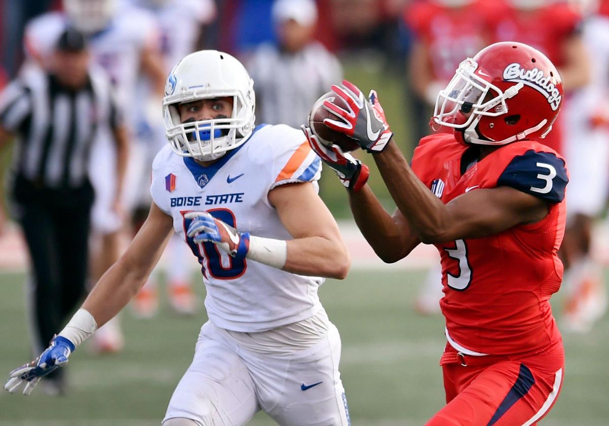 Fresno State wideout KeeSean Johnson (3) pulls in an 81-yard touchdown pass from quarterback Marcus McMaryion in a 28-17 victory over Boise State on Saturday, Nov. 24, 2017. Johnson comes into the 2018 rematch on a streak of 45 consecutive games with at least one reception, the longest active streak in the nation.