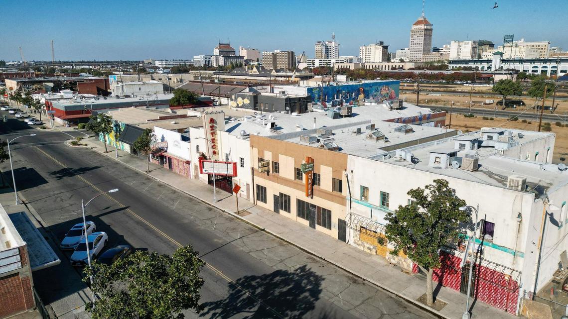 Businesses in Fresno’s Chinatown line F Street west of downtown Fresno in this drone image made on Wednesday, Nov. 8, 2023.