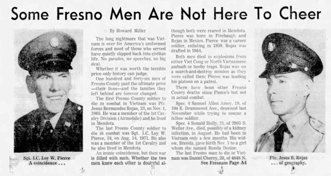 This is a clip from the Jan. 24, 1973 edition of The Fresno Bee about the story of Mendota’s Jesús Rojas Bermúdez and Loy W. Pierce, the first and last Fresno County servicemen killed in action during the Vietnam War.