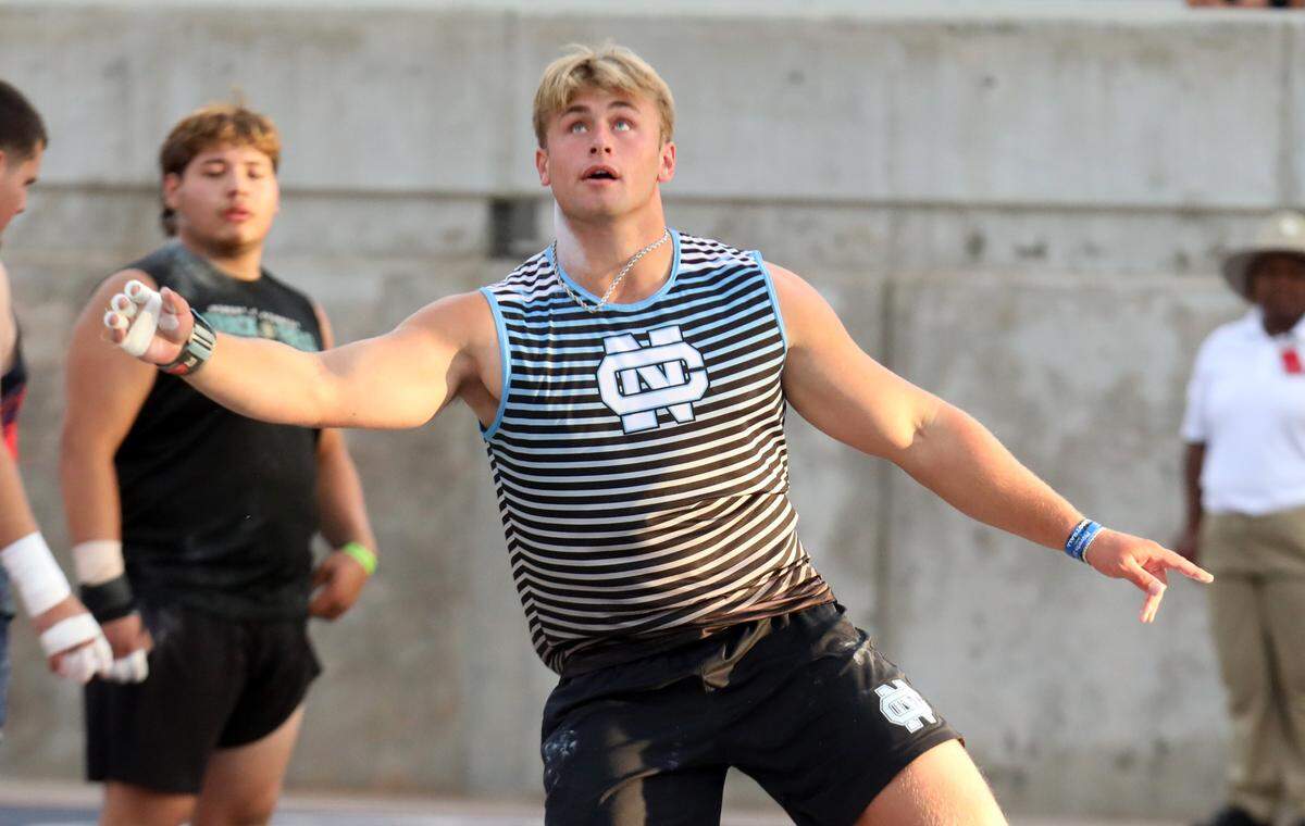 Clovis North senior McKay Madsen glances at his shot put at the CIF Central Section Masters Track and Field Championships at Buchanan High’s Veterans Memorial Stadium on May 24, 2025. Madsen, the defending state shot put champion, won with a throw of 67 feet, 4 1/4 inches.