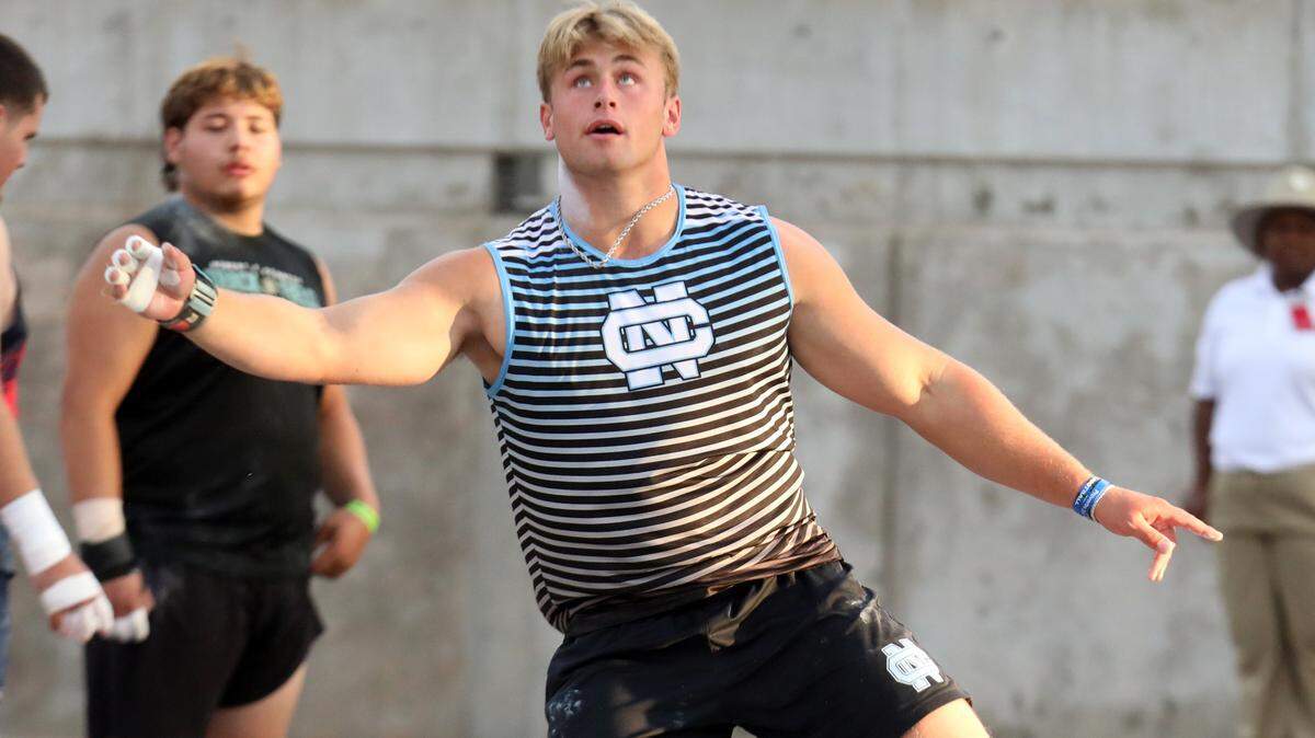 Clovis North senior McKay Madsen glances at his shot put at the CIF Central Section Masters Track and Field Championships at Buchanan High’s Veterans Memorial Stadium on May 24, 2025. Madsen, the defending state shot put champion, won with a throw of 67 feet, 4 1/4 inches.