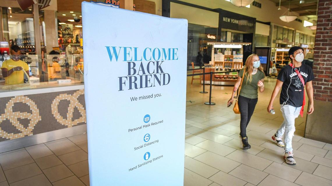 A sign welcomes customers back to Fashion Fair mall, on Monday, Aug. 31, 2020.