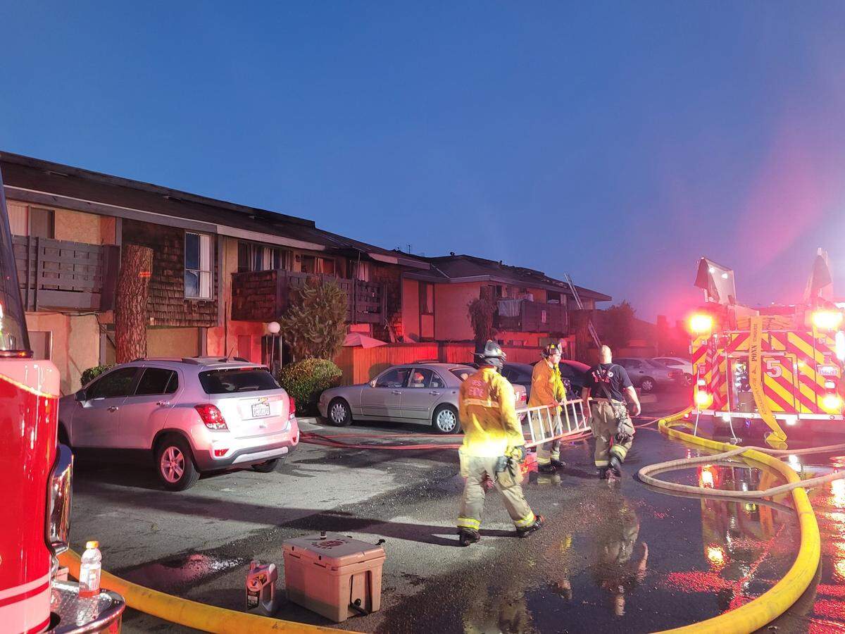 Firefighters fought a three-alarm blaze at the Oakbrook Apartments on Argyle Avenue on Sunday, May 2, 2021, in Fresno, California.