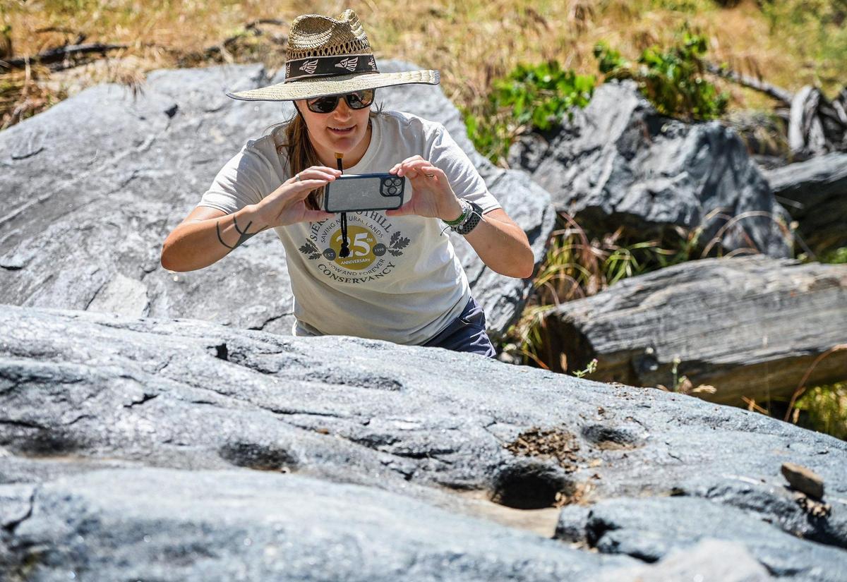 Allyson Brooks, community engagement program manager for the Sierra Foothill Conservancy, photographs old Indian mortar holes near the Fresno River and the old Grub Gulch mining town off Road 600 in Madera County on Wednesday, May 27, 2022. The Wright Ranch was recently acquired as a conservation easement by the Sierra Foothill Conservancy.