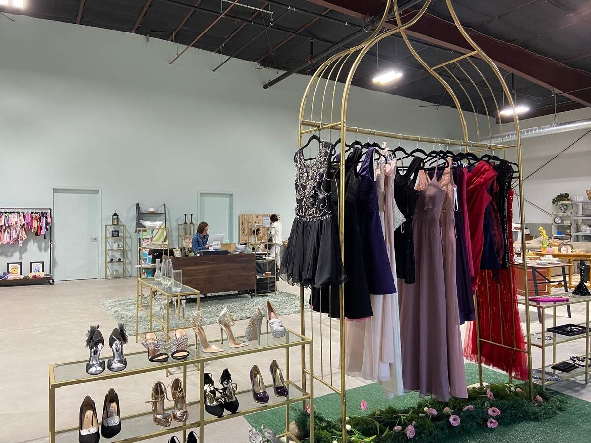 Prom dresses selling for $10 to $50 are front and center in the seasonal section at newly opened Mint Thrift.