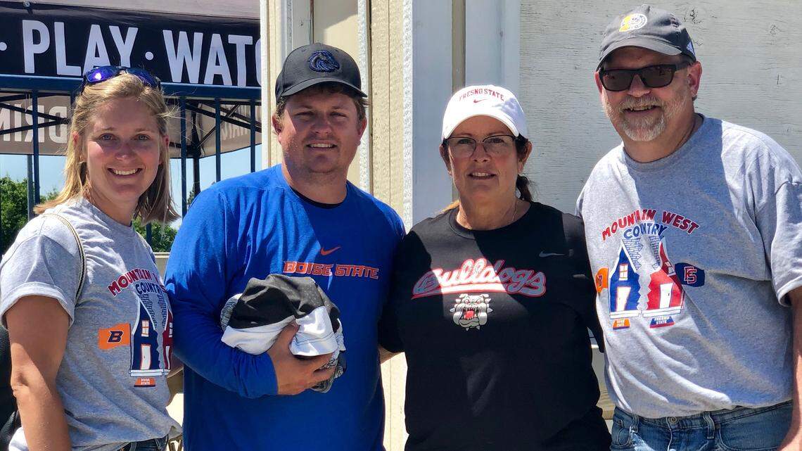 Boise State softball assistant coach Andrew Rich (second to the right) ended up having to coach against his own mom Denise Rich (second to the right) when the Broncos played three games at Fresno State this weekend. Denise was a longtime high school coach in the central San Joaquin Valley and served as a volunteer assistant at Fresno State this year.