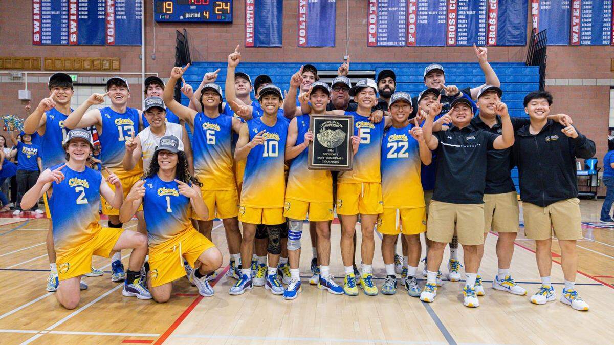 Clovis High poses for a photo after winning the Central Section Division I volleyball title on Thursday, May 9, 2024.