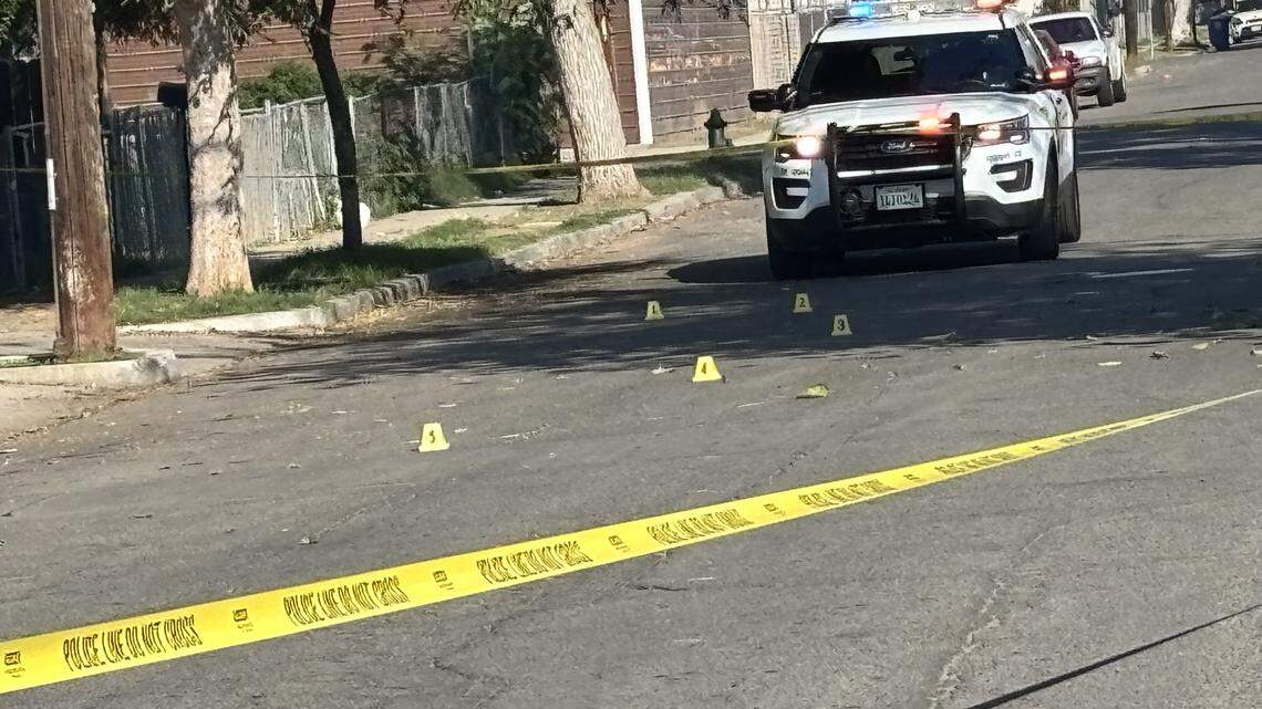 Evidence markers are shown after a juvenile was stabbed in Fresno, California on Thursday, Oct. 30, 2025.