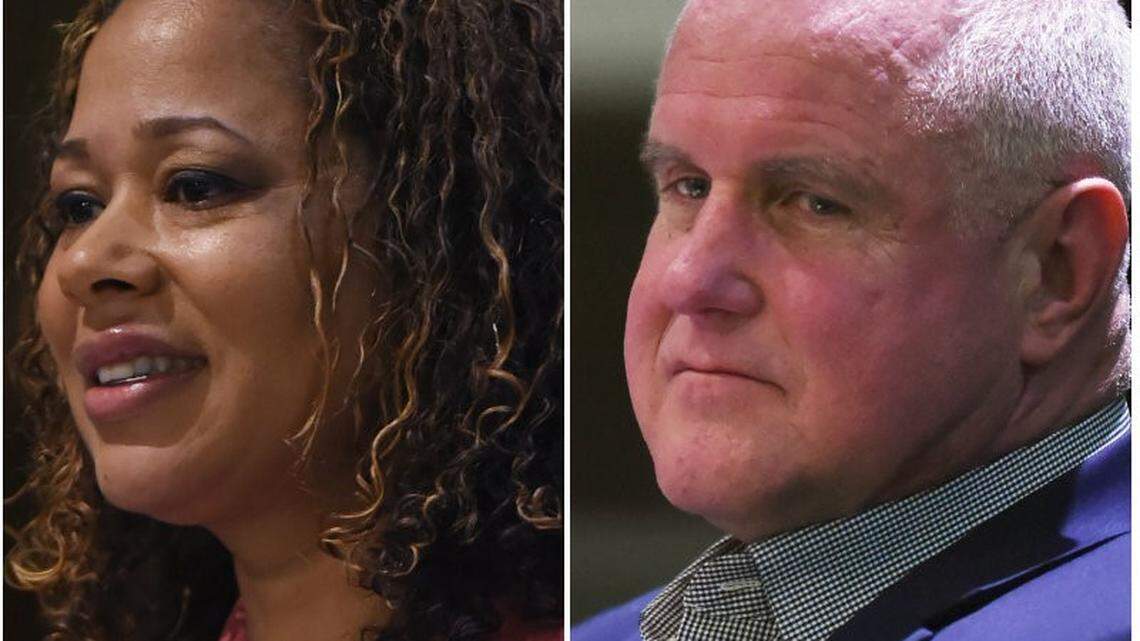 FUSD Trustee Keshia Thomas, left, says the school board should consider another censure for Trustee Terry Slatic, right, following his outburst last week that caused the board to end the meeting early. (Bee file photos)