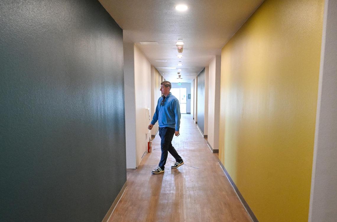 Matt Dildine, CEO of Fresno Mission, walks through the nearly completed family shelter at the Fresno Mission City Center near Blackstone and Dakota in Fresno on Tuesday, Dec. 11, 2024. Dildine is expecting to have the shelter open in the coming weeks.
