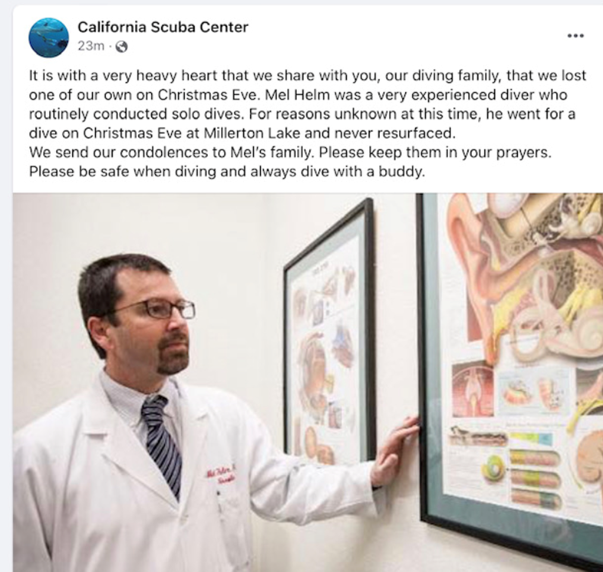 California Scuba Center post on Facebook