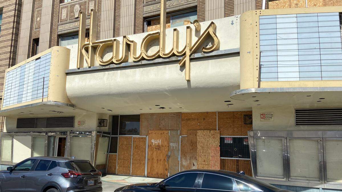 The historic marquee and boarded up entrance of Hardy’s Theater, located at 944 Van Ness Avenue in downtown Fresno, California, as photographed on April 3, 2023.